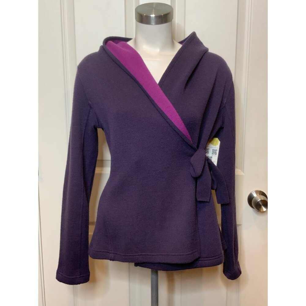 Title Nine Purple Merino Wool Blend Belted Tie Front Hooded Sweater, Size S